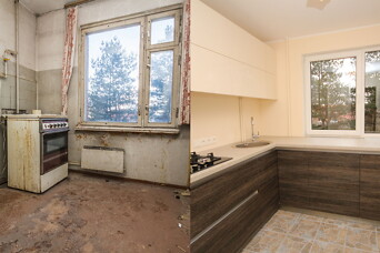 Pirms un pēc: nolietots divistabu dzīvoklis Purvciemā piedzīvo lieliskas pārvērtības